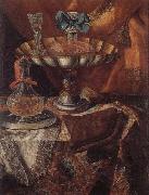 unknow artist, Still life of a wine glass and bottle in a parcel gilt tazza together with a glass decanter on a pewter dish upon a draped tabletop